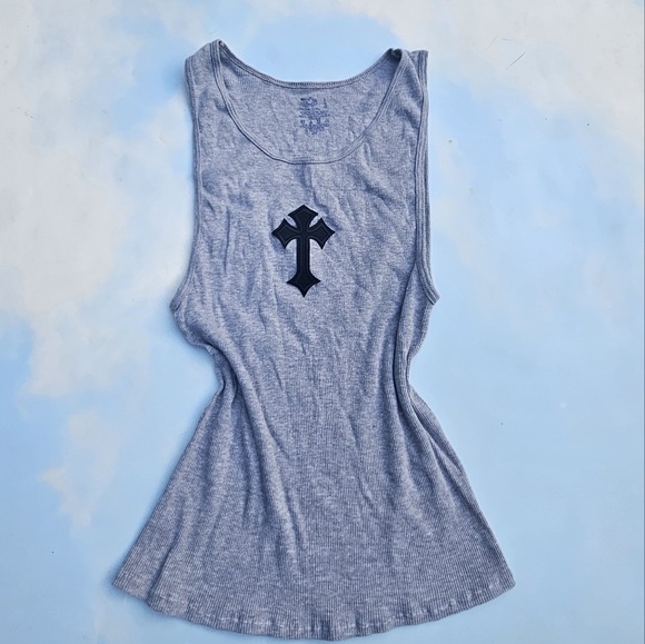 Grey Tank Top Goth Cross Chrome Hearts Looking Top - Picture 7 of 16